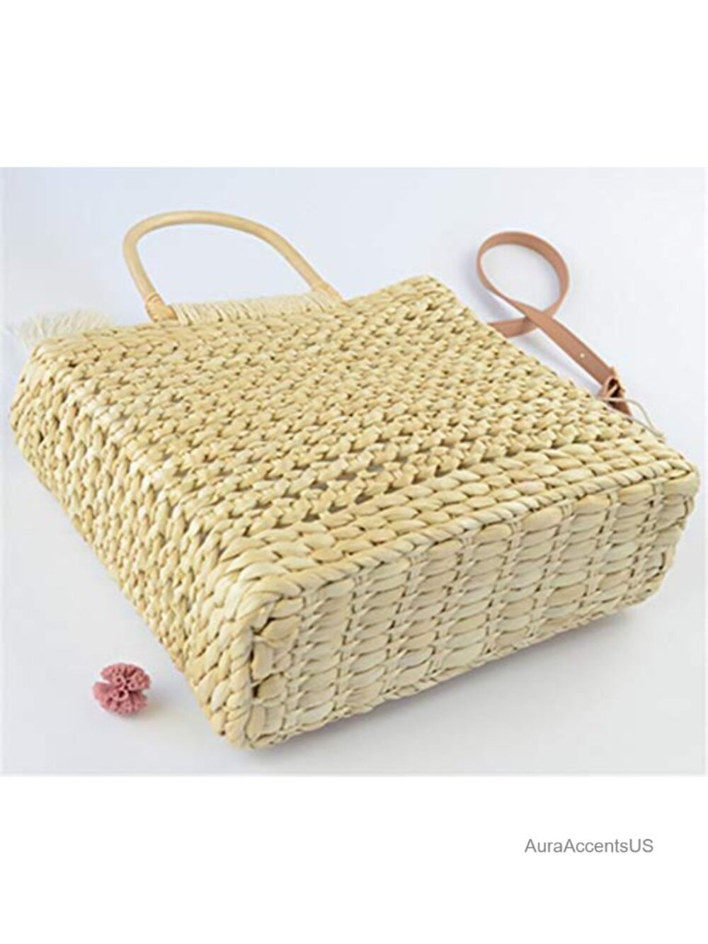 Straw Woven Bucket Bag Top Handle Drawstring Rattan Handbag Beach Purse - Picture 5 of 6